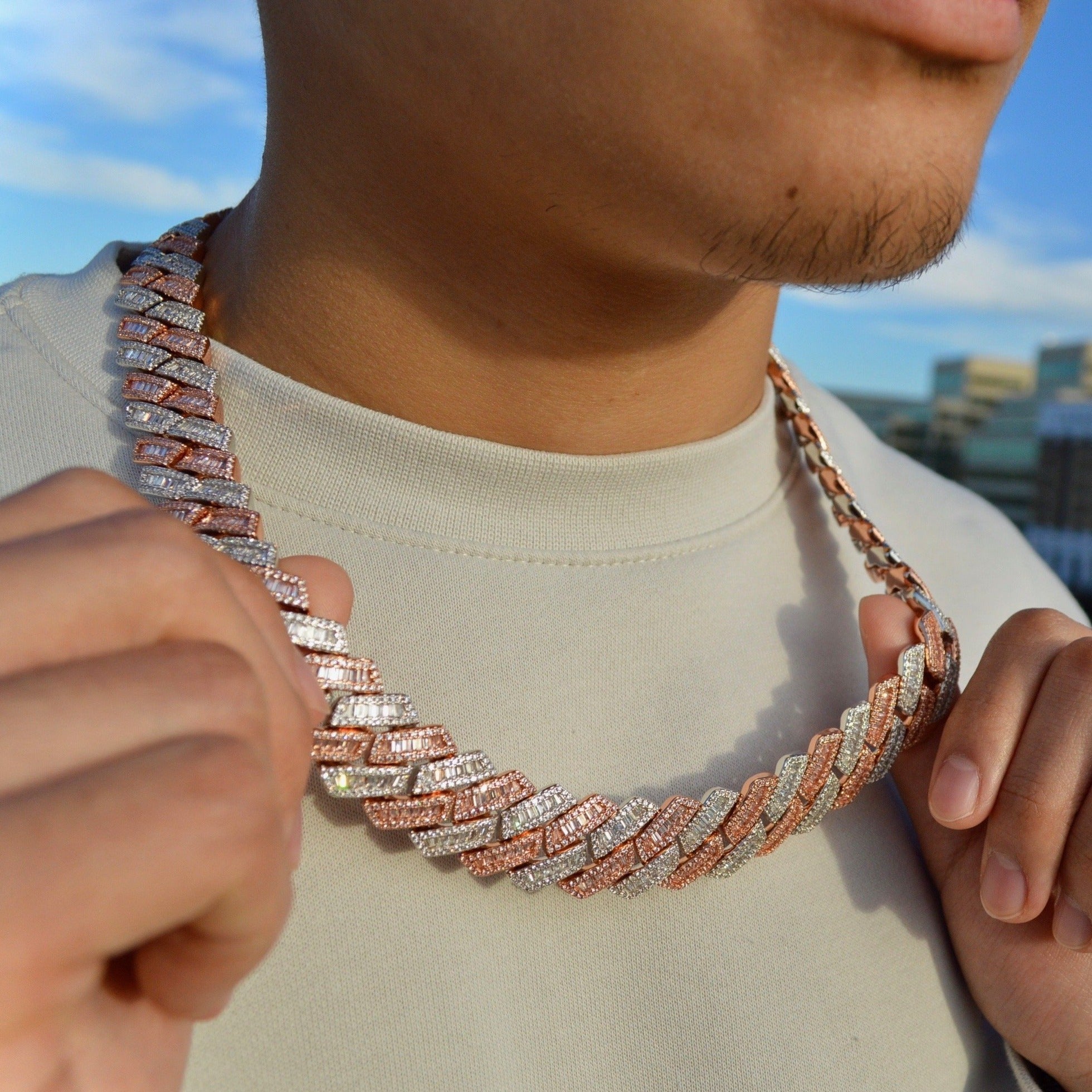 2-Tone Rose and Silver 21mm Sharp Baguette Cuban