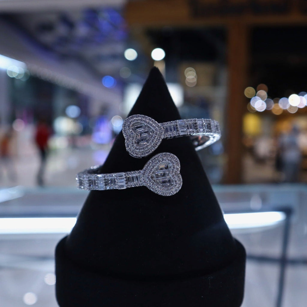 Solid Silver Iced Heart Bangle