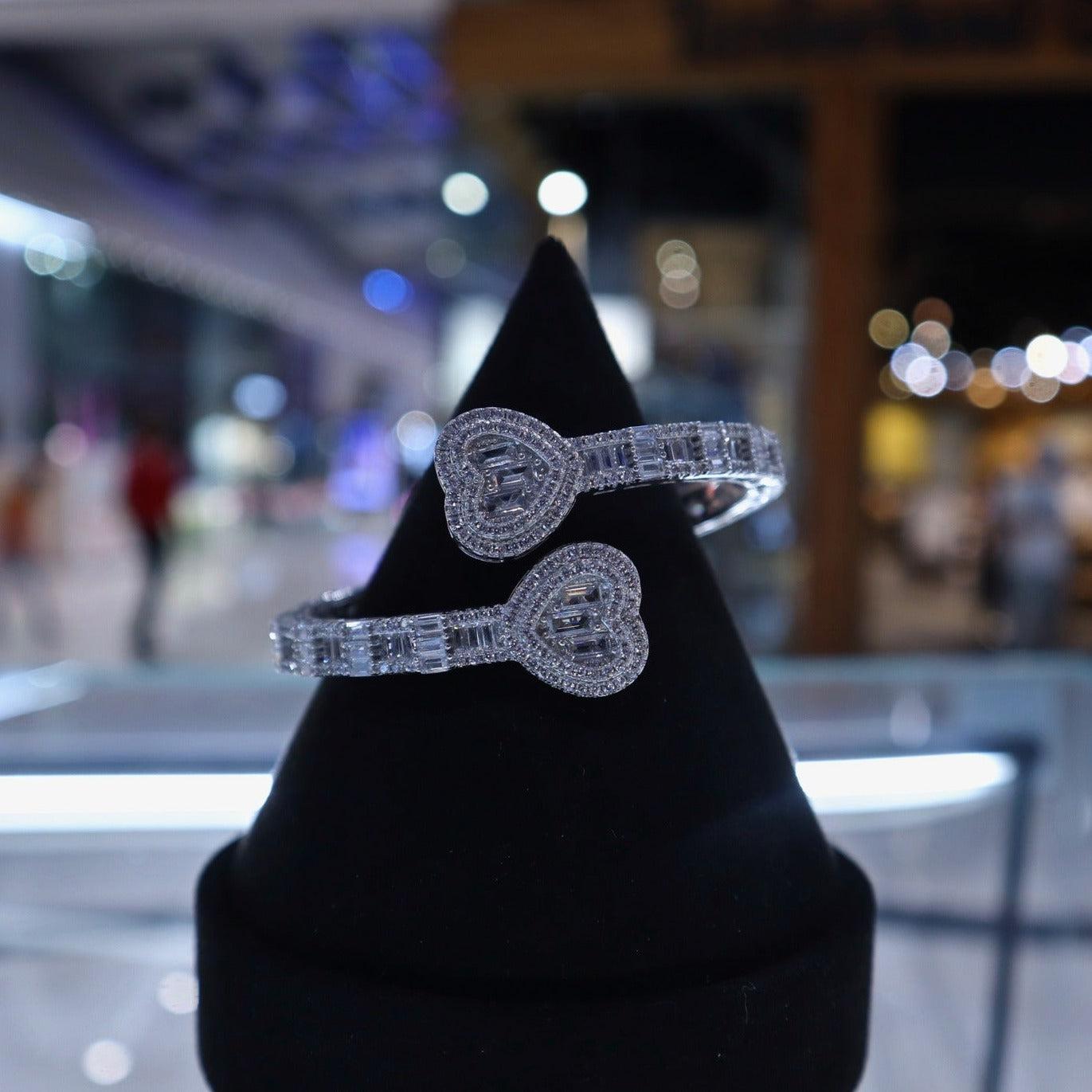 Solid Silver Iced Heart Bangle